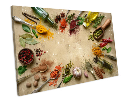 Natural Spices Spoon Kitchen CANVAS WALL ART Box Framed Picture Print
