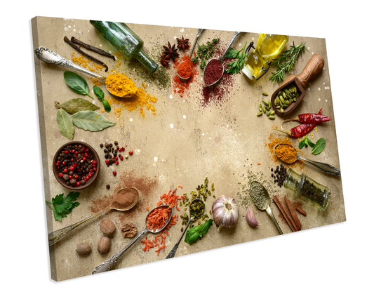Natural Spices Spoon Kitchen CANVAS WALL ART Box Framed Picture Print
