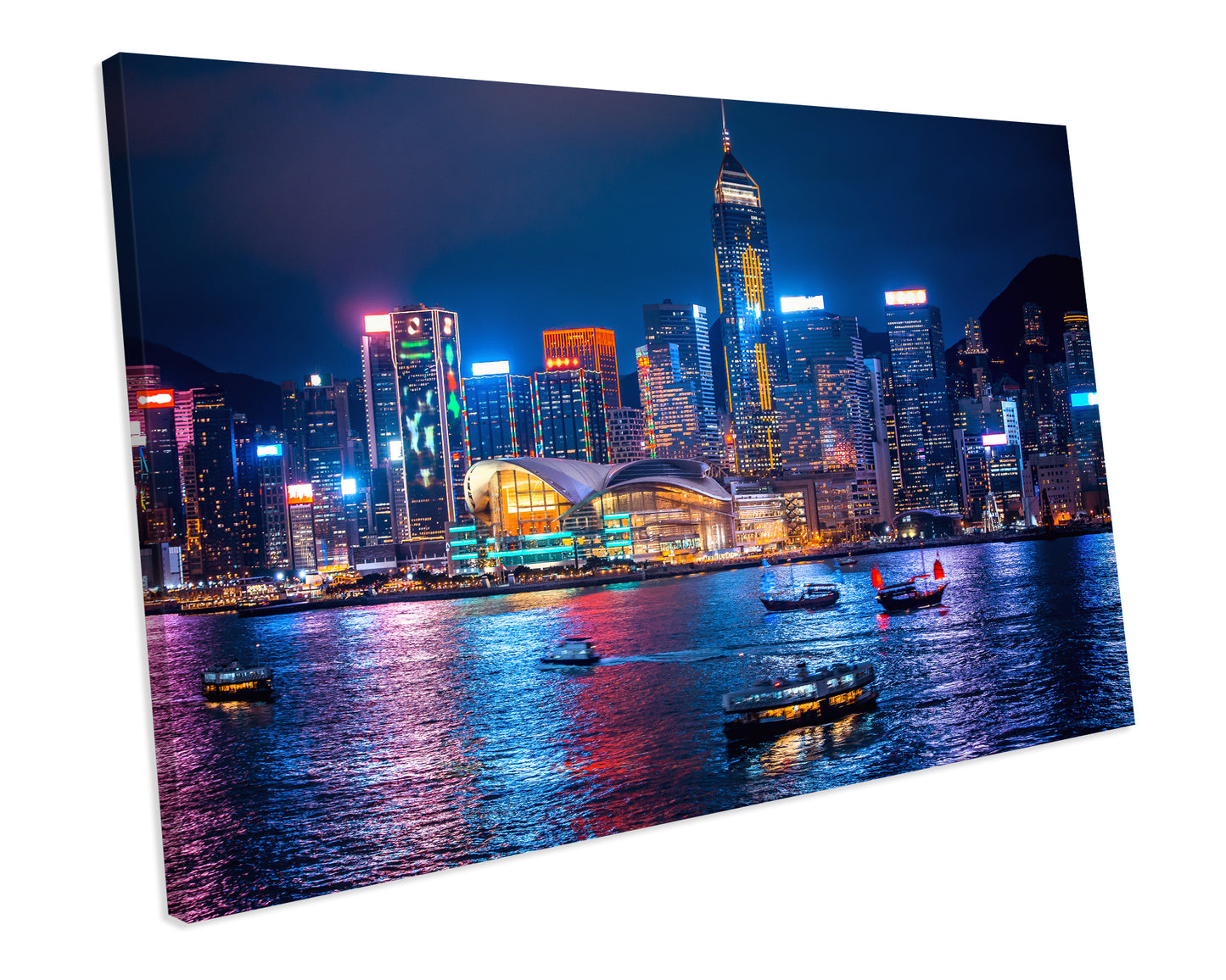 Hong Kong City Night Skyline Blue CANVAS WALL ART Box Framed Picture Print