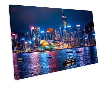 Hong Kong City Night Skyline Blue CANVAS WALL ART Box Framed Picture Print