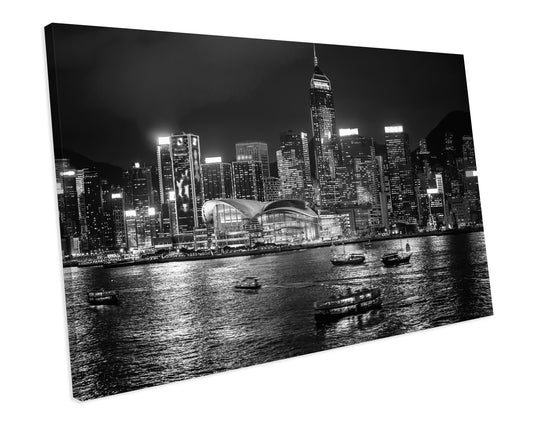Hong Kong City Night Skyline Black & White CANVAS WALL ART Box Framed Picture Print