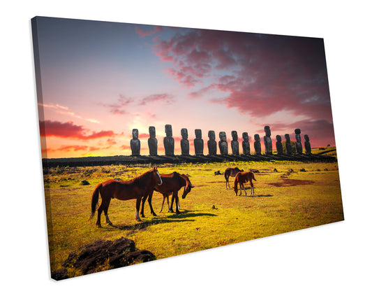 Horse Statues Animal Landscape CANVAS WALL ART Box Framed Picture Print