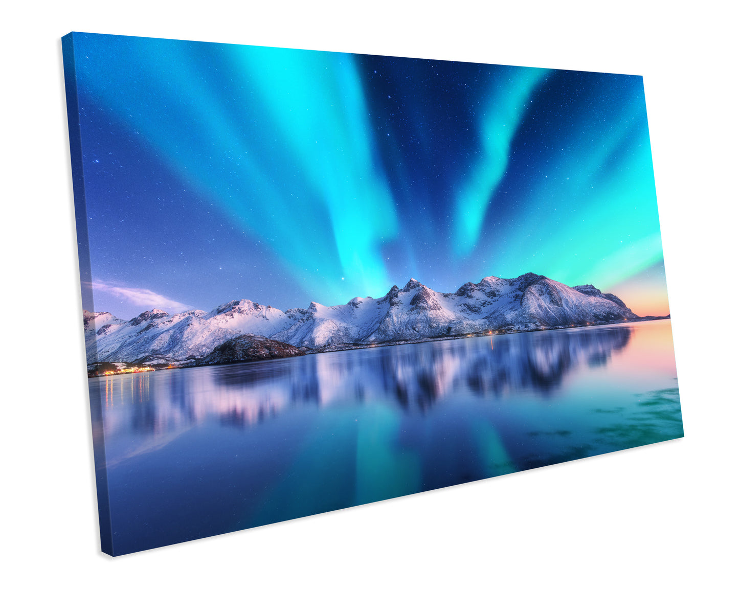 Northern Lights Winter Starry Night Norway Blue Landscape CANVAS WALL ART Box Framed Picture Print