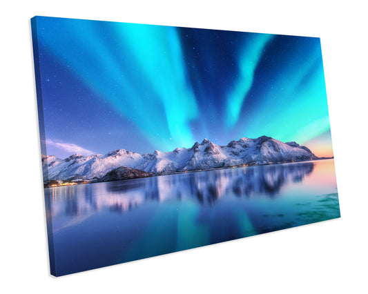 Northern Lights Winter Starry Night Norway Blue Landscape CANVAS WALL ART Box Framed Picture Print