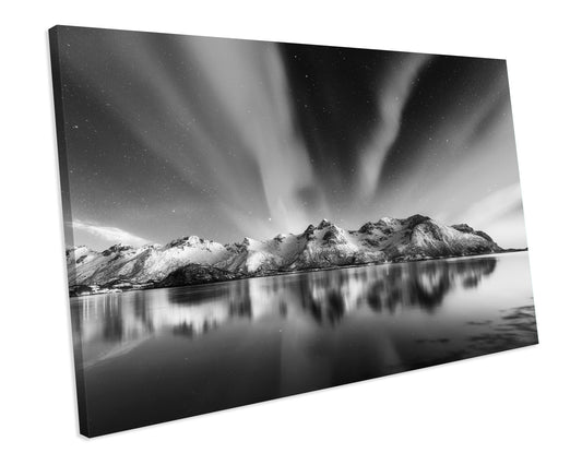 Northern Lights Winter Starry Night Norway B&W Landscape CANVAS WALL ART Box Framed Picture Print