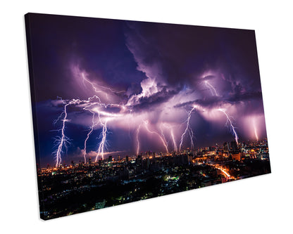 City Lightning Storm Purple CANVAS WALL ART Box Framed Picture Print