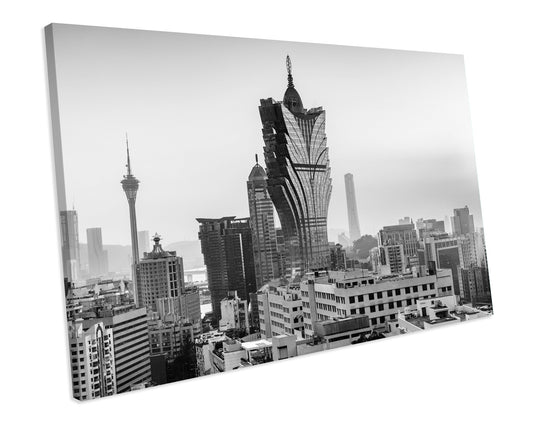 Macau City Black & White China CANVAS WALL ART Box Framed Picture Print