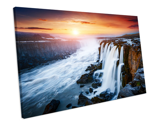 Icelandic Sunset Waterfall Landscape CANVAS WALL ART Box Framed Picture Print