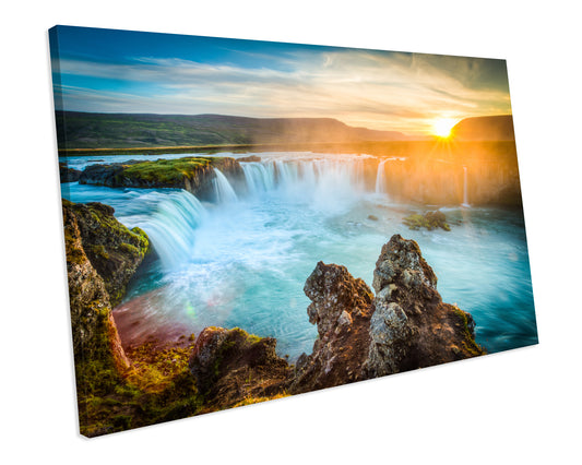 Sunset Godafoss waterfall Iceland CANVAS WALL ART Box Framed Picture Print