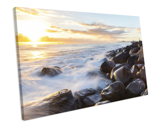 Sunset Rocky Beach Seascape CANVAS WALL ART Box Framed Picture Print
