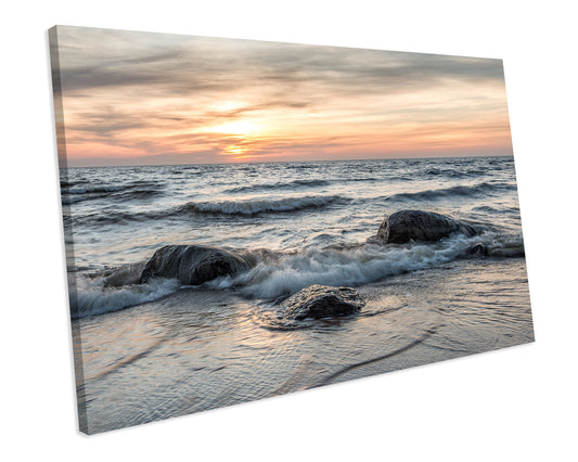 Sea And Pebbles Sunset Bathroom CANVAS WALL ART Box Framed Picture Print