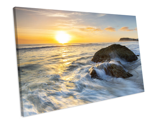 Yellow Sunset Rocky Ocean Beach Australia Gold Coast CANVAS WALL ART Box Framed Picture Print
