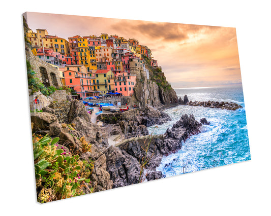 Manarola Fishing Village Italy Sunset CANVAS WALL ART Box Framed Picture Print