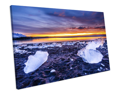 Ice Beach Winter Sunset CANVAS WALL ART Box Framed Picture Print