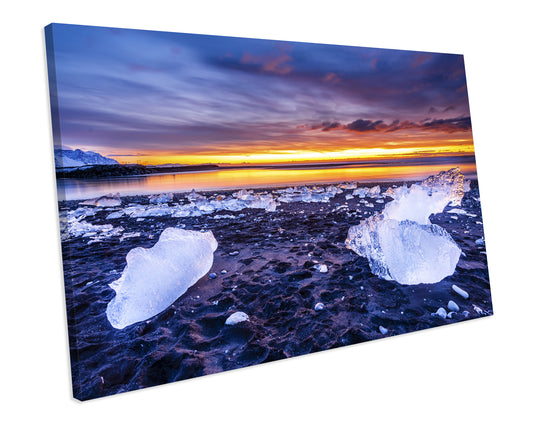 Ice Beach Winter Sunset CANVAS WALL ART Box Framed Picture Print