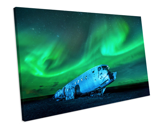 US Military Plane Northern Lights Landscape CANVAS WALL ART Box Framed Picture Print