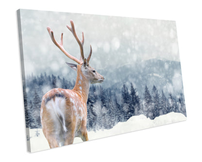 Stag Deer Frozen Winter Forest Landscape CANVAS WALL ART Box Framed Picture Print