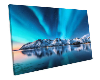 Northern Lights Blue Aurora Winter Frozen Landscape CANVAS WALL ART Box Framed Picture Print
