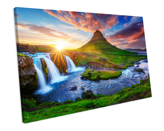 Kirkjufell Mountain Iceland Waterfall Landscape Sunset CANVAS WALL ART Box Framed Picture Print
