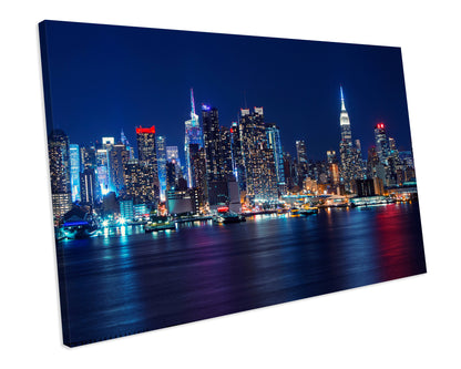 New York City At Night Blue CANVAS WALL ART Box Framed Picture Print