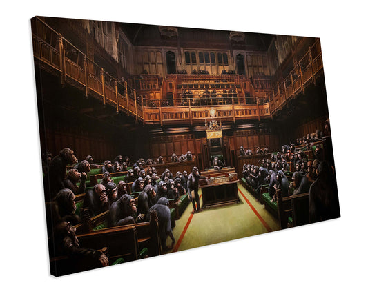 Banksy Chimps Parliament Graffiti CANVAS WALL ART Box Framed Picture Print