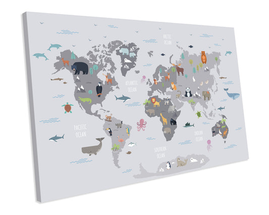 Kids Animal World Map Atlas Grunge CANVAS WALL ART Box Framed Picture Print