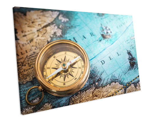 Vintage Compass Map of The World Atlas CANVAS WALL ART Box Framed Picture Print