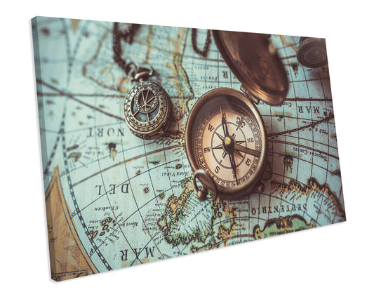 Vintage Compass Map of The World Atlas CANVAS WALL ART Box Framed Picture Print