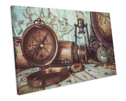 Vintage Compass Map of The World Atlas CANVAS WALL ART Box Framed Picture Print