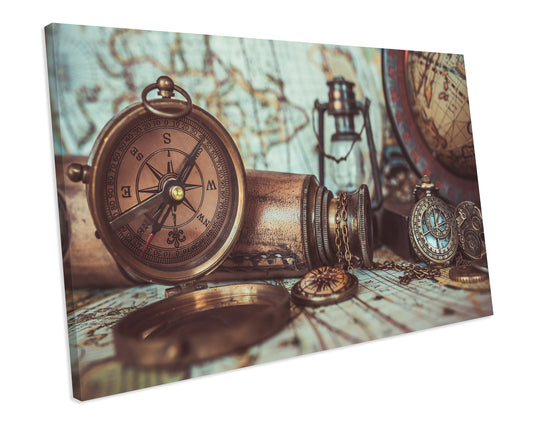Vintage Compass Map of The World Atlas CANVAS WALL ART Box Framed Picture Print