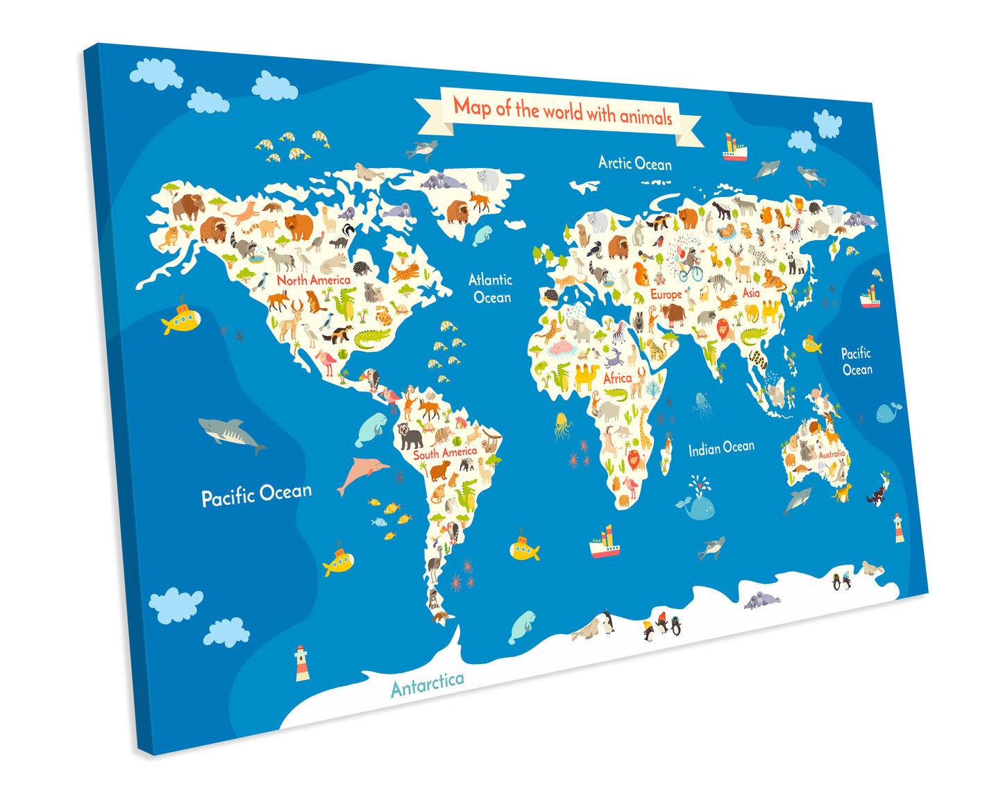 Kids Animal World Map Atlas CANVAS WALL ART Box Framed Picture Print