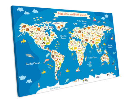 Kids Animal World Map Atlas CANVAS WALL ART Box Framed Picture Print