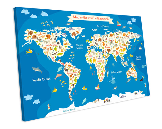 Kids Animal World Map Atlas CANVAS WALL ART Box Framed Picture Print