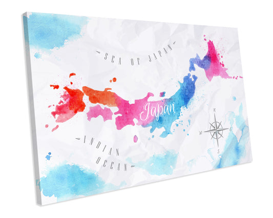 Japan Continent Map of The World Atlas Watercolour CANVAS WALL ART Box Framed Picture Print