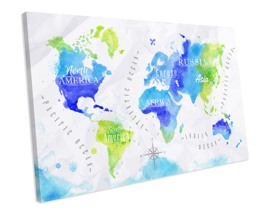 World Map Continent Map of The World Atlas Watercolour CANVAS WALL ART Box Framed Picture Print