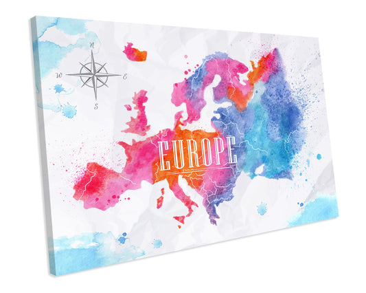 Europe Continent Map of The World Atlas Watercolour CANVAS WALL ART Box Framed Picture Print