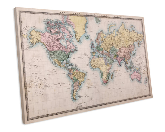 Vintage World Map CANVAS WALL ART Box Framed Picture Print