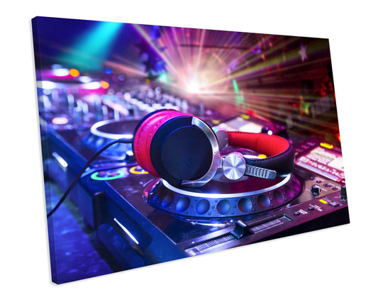Dj Music Neon Style Headphones CANVAS WALL ART Box Framed Picture