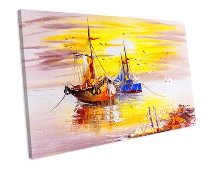 Sunset Fishing Boats Painting Abstract Artwork CANVAS WALL ART Box Framed Picture Printolourful