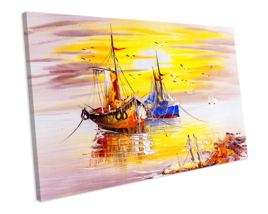 Sunset Fishing Boats Painting Abstract Artwork CANVAS WALL ART Box Framed Picture Printolourful