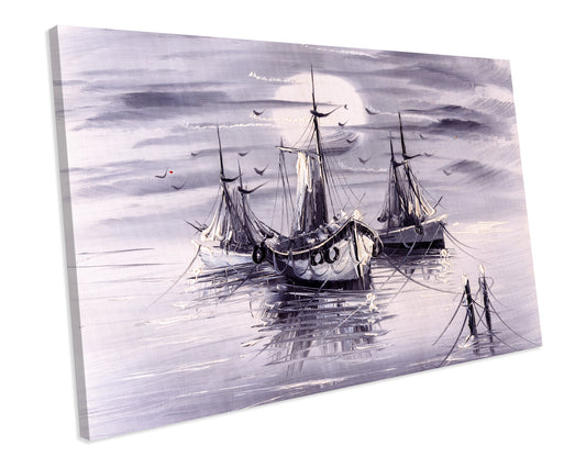 Fishing Boats Painting Abstract Artwork CANVAS WALL ART Box Framed Picture Printolourful